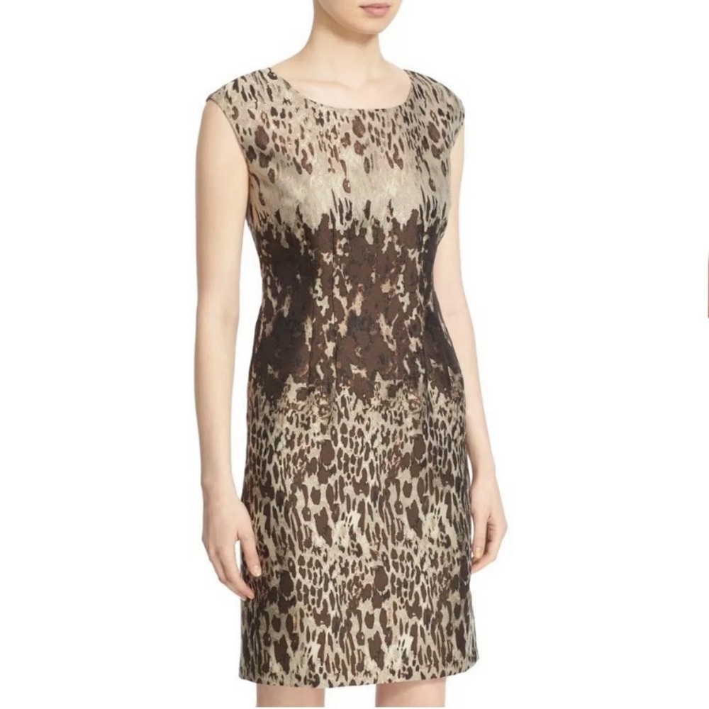 Lafayette 148 Josie Jacquard Sheath Dress Size‎ 6 Brown Animal Print Sleeveless